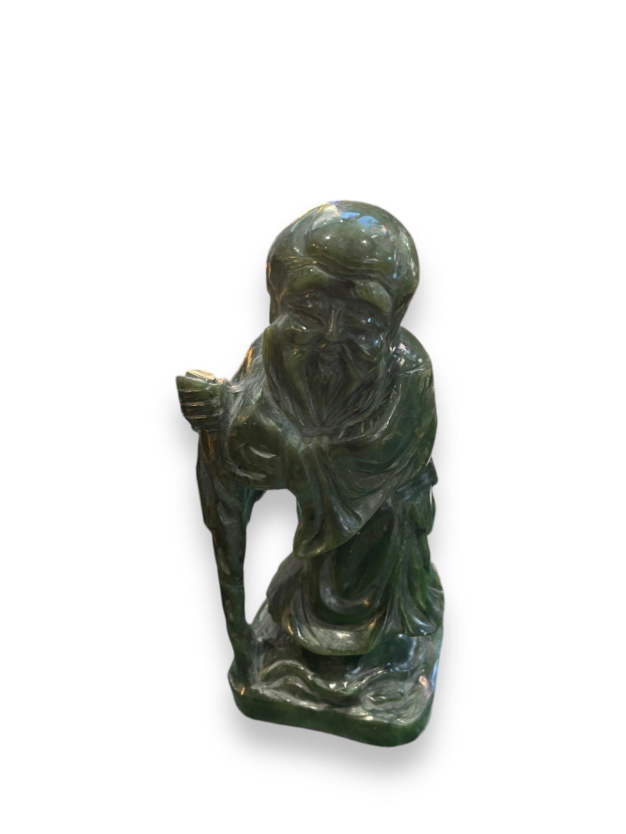 Chinese Subject In Green Nephrite Jade Scholar Carrying A Staff Of Wisdom-photo-7