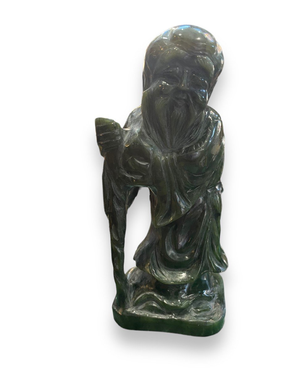 Chinese Subject In Green Nephrite Jade Scholar Carrying A Staff Of Wisdom