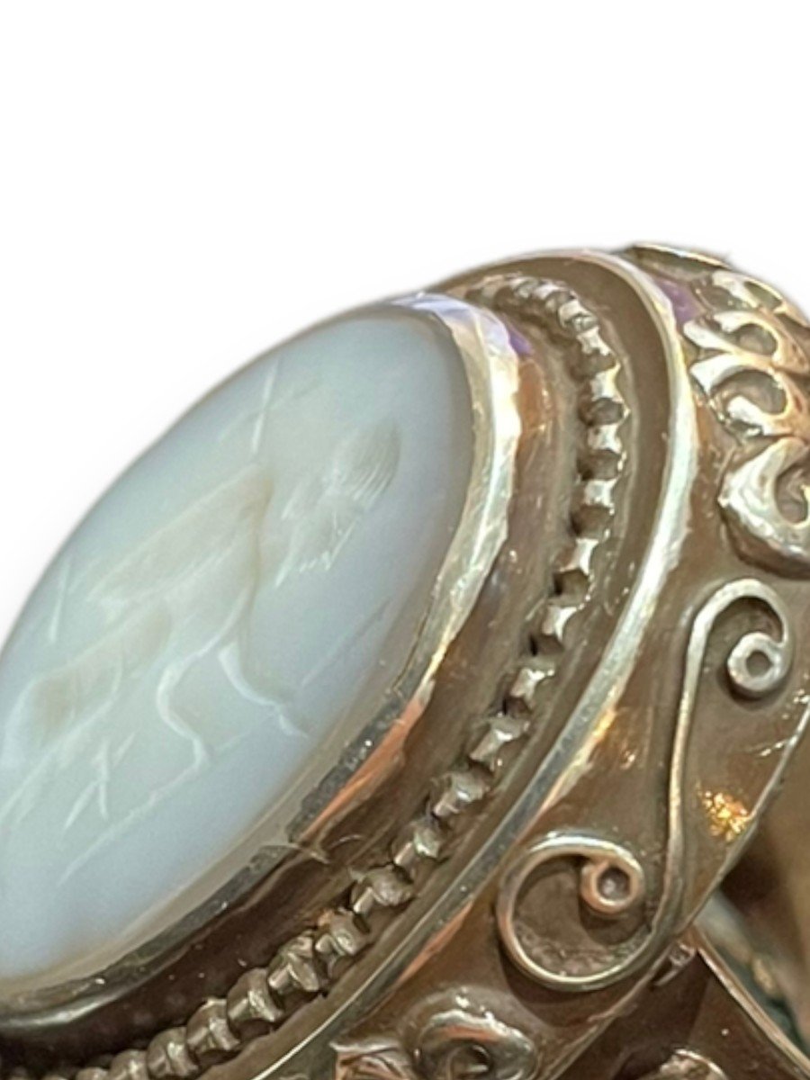 Importante Bague En Argent Avec Une Intaille En Agate Calcédoine-photo-4