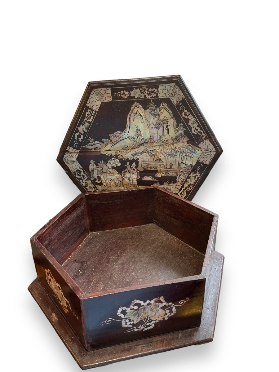 Hexagonal Work Box In Wood And Mother-of-pearl Indochina 19th-photo-4