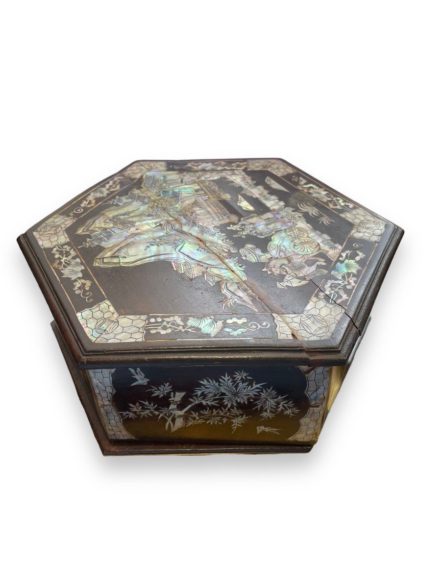 Hexagonal Work Box In Wood And Mother-of-pearl Indochina 19th-photo-5