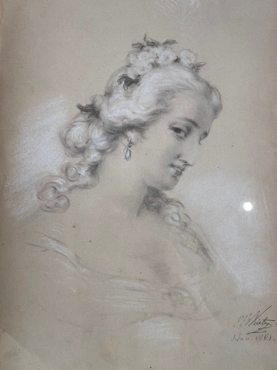 Ecole Française XIXème Dessin Jeune femme au collier de perle Par Wiertz-photo-3