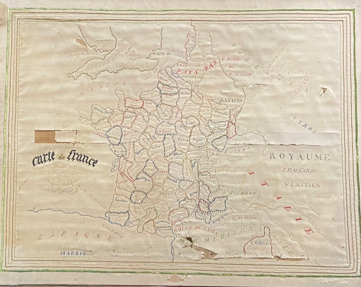 Map Of France By Augusta Delafont Embroidery On Silk On Frame-photo-2