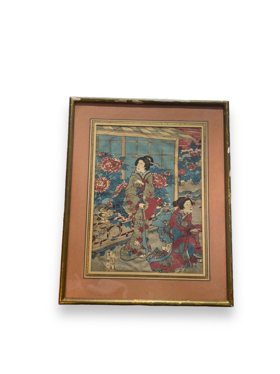 Japanese Print Late 19th Century Early 20th Century On Crepe Paper-photo-2