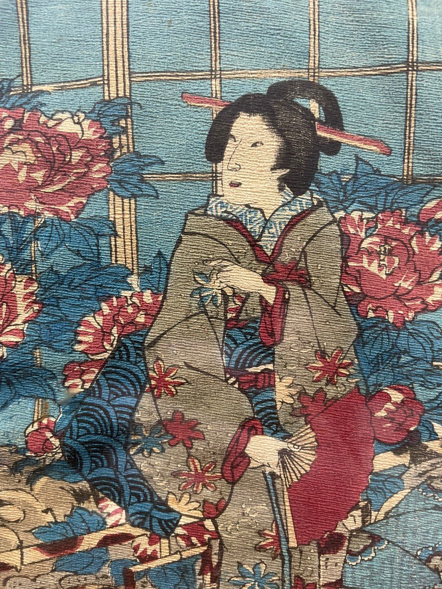 Japanese Print Late 19th Century Early 20th Century On Crepe Paper-photo-4