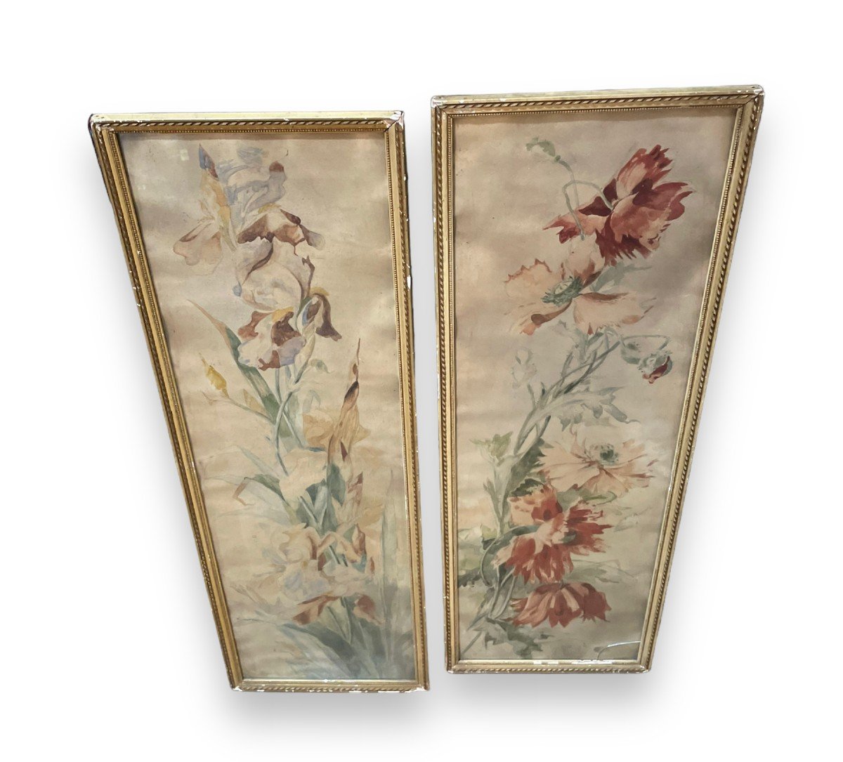 Pair Of Large Watercolors Flowers By J. Toulon