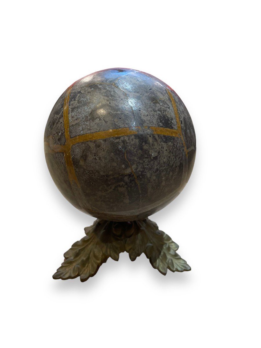 Important Lithotherapy Ball Sphere Mounted On Bronze-photo-2