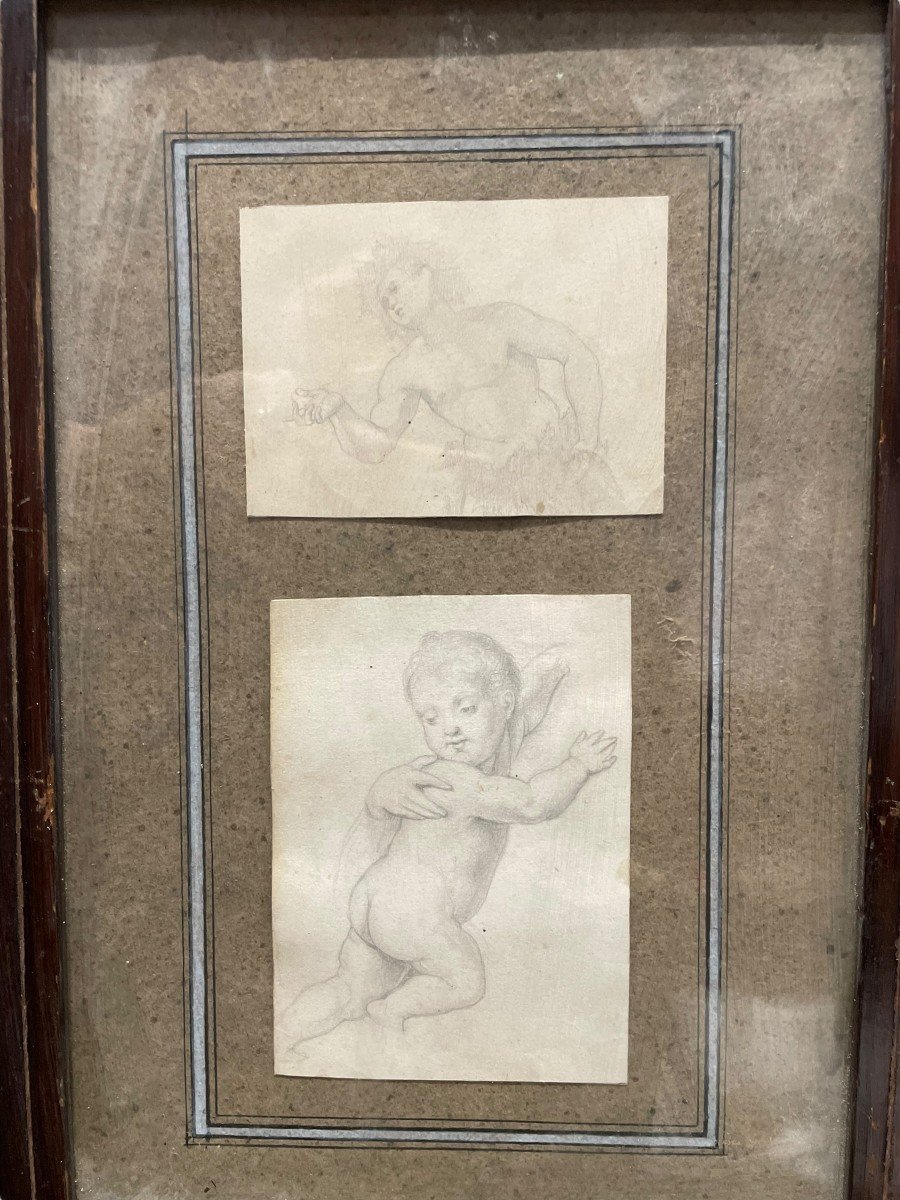 19th Century Drawing Putto And Man With Vine Leaf-photo-2