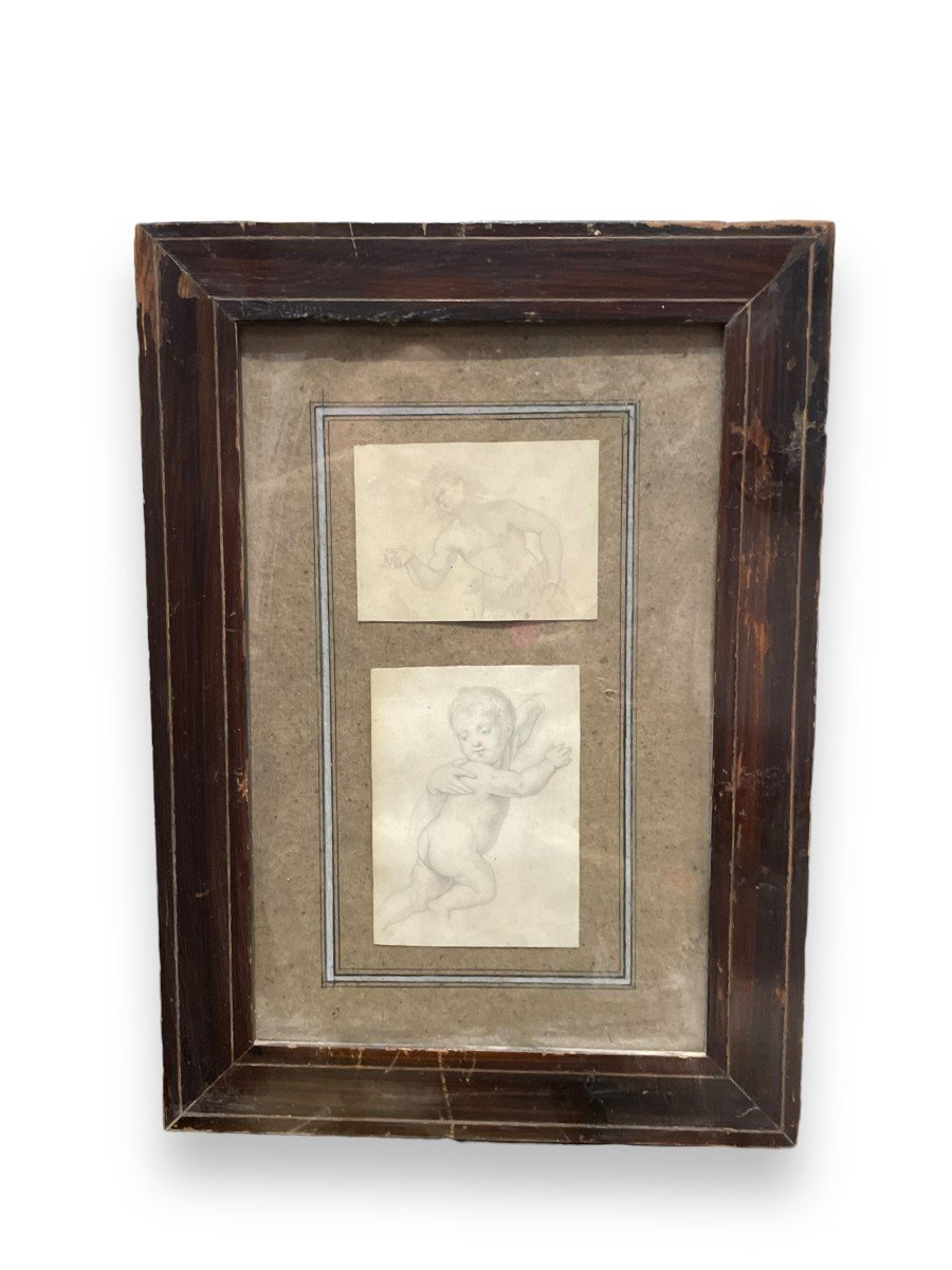 19th Century Drawing Putto And Man With Vine Leaf-photo-3