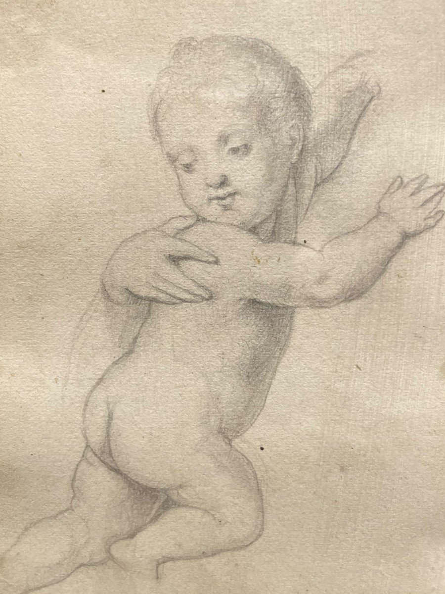 19th Century Drawing Putto And Man With Vine Leaf-photo-5