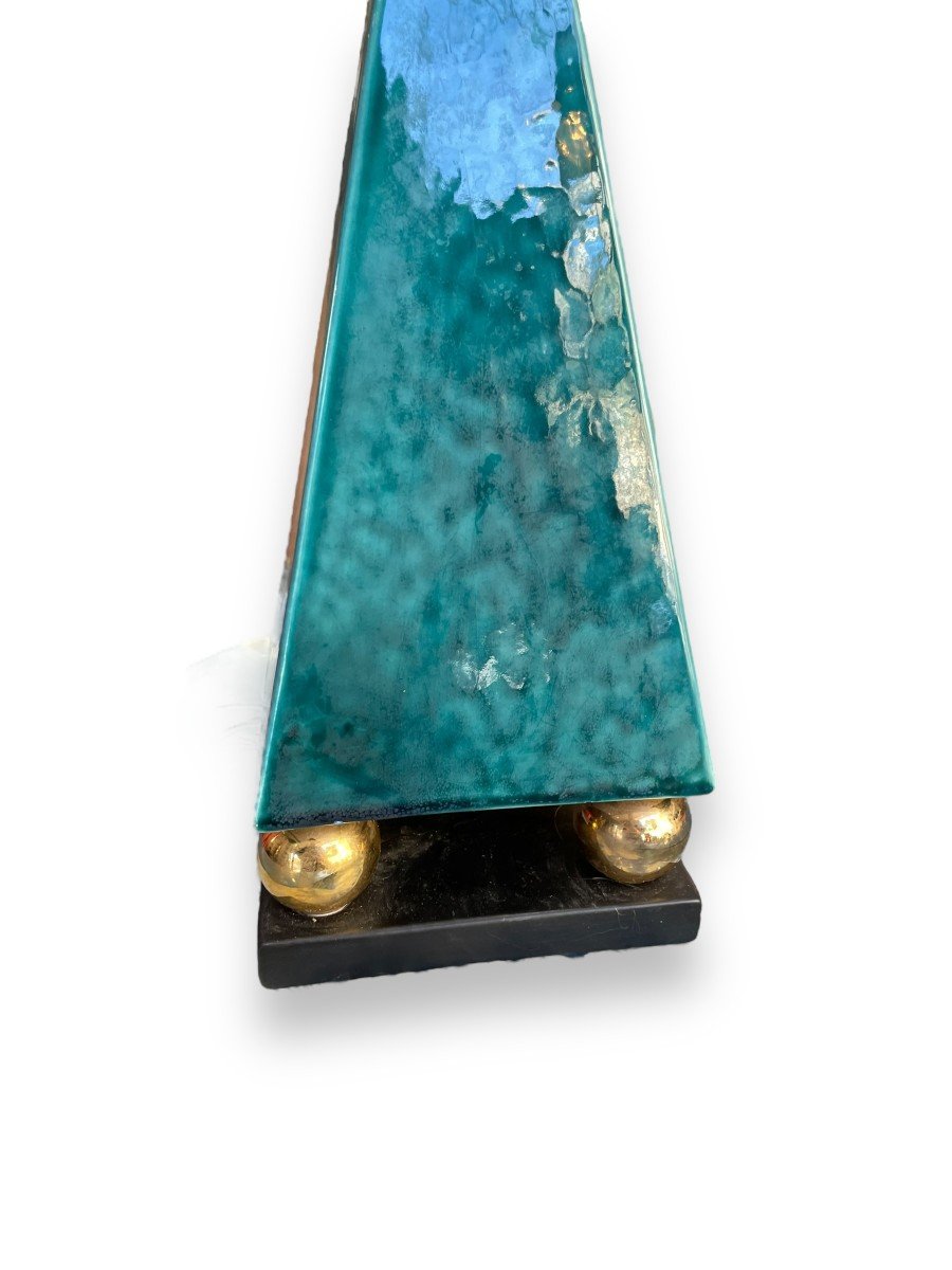 Lampe Art Deco Pyramide En Céramique Bleue-photo-2