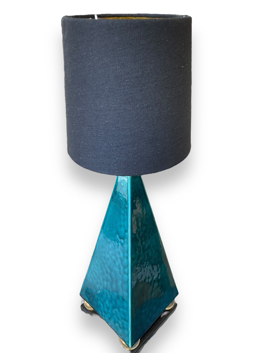 Lampe Art Deco Pyramide En Céramique Bleue-photo-3