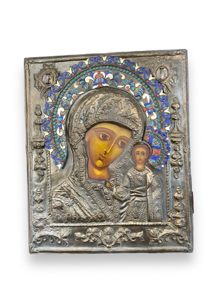 Important Virgin And Child Icon In Silver Copper And Cloisonné Enamels Icon-photo-2