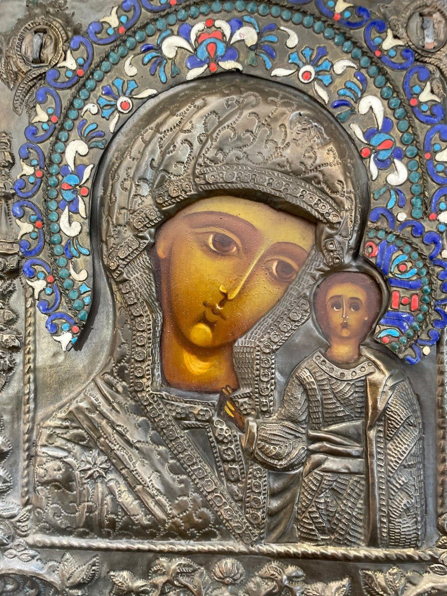 Importante Icone Vierge à l'Enfant  En Cuivre Argenté Et émaux Cloisonnés icône-photo-1