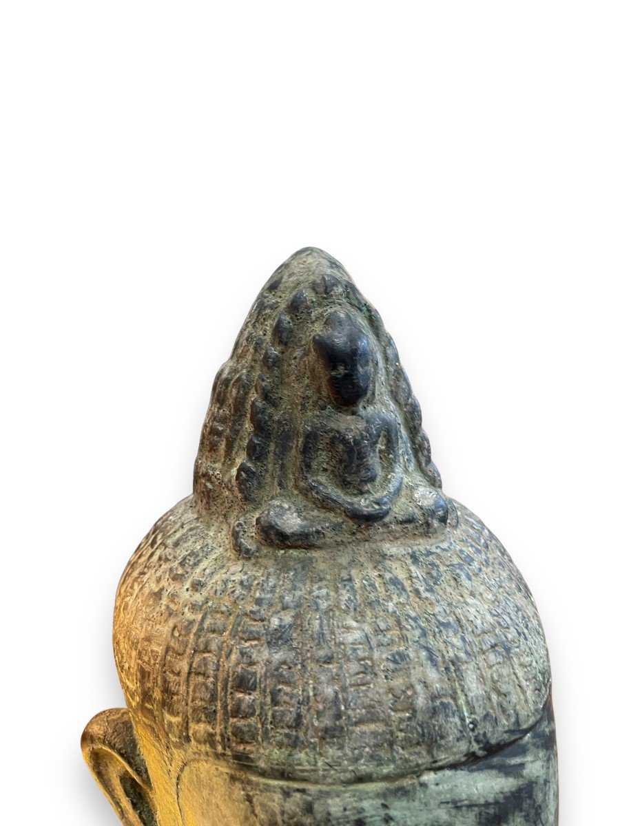 Cambodia Important 18th Century Buddha Head In Bronze-photo-2