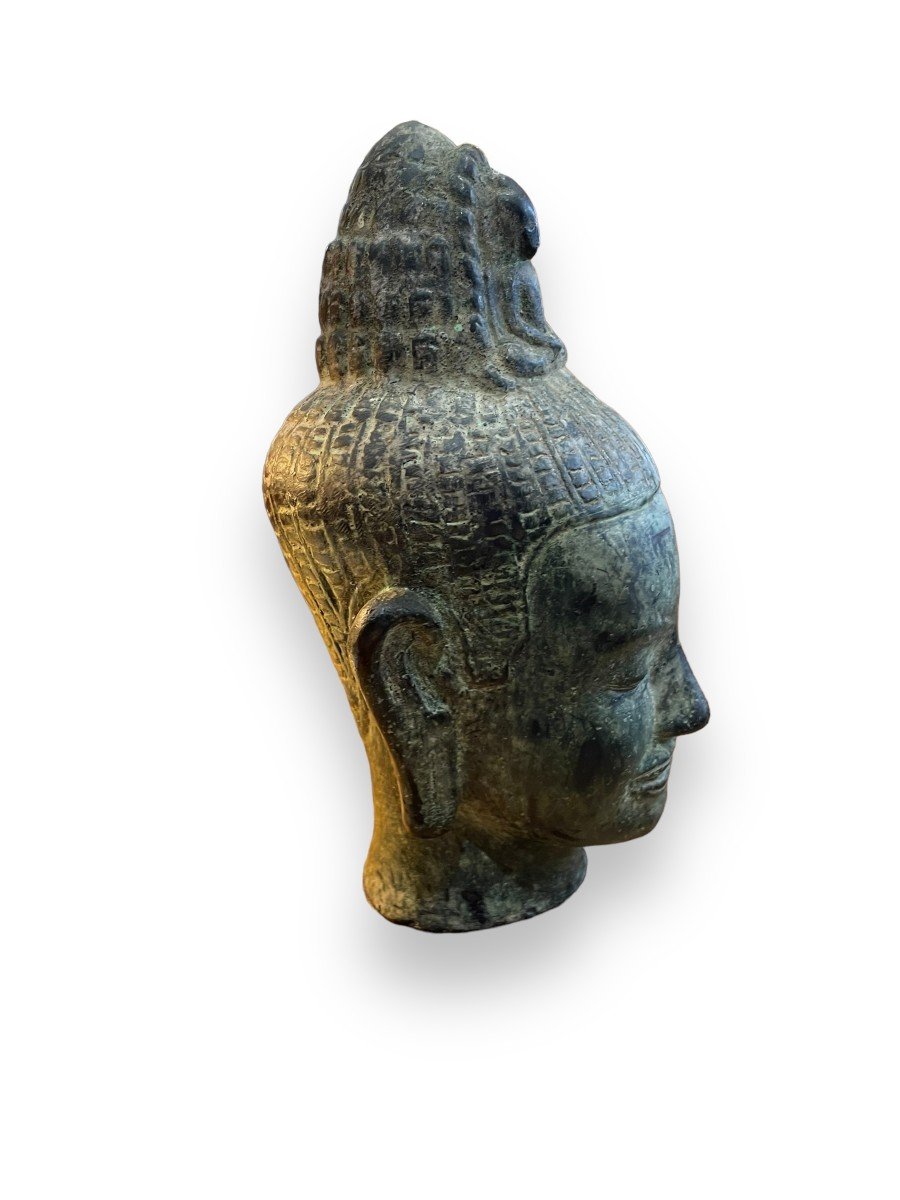 Cambodia Important 18th Century Buddha Head In Bronze-photo-4