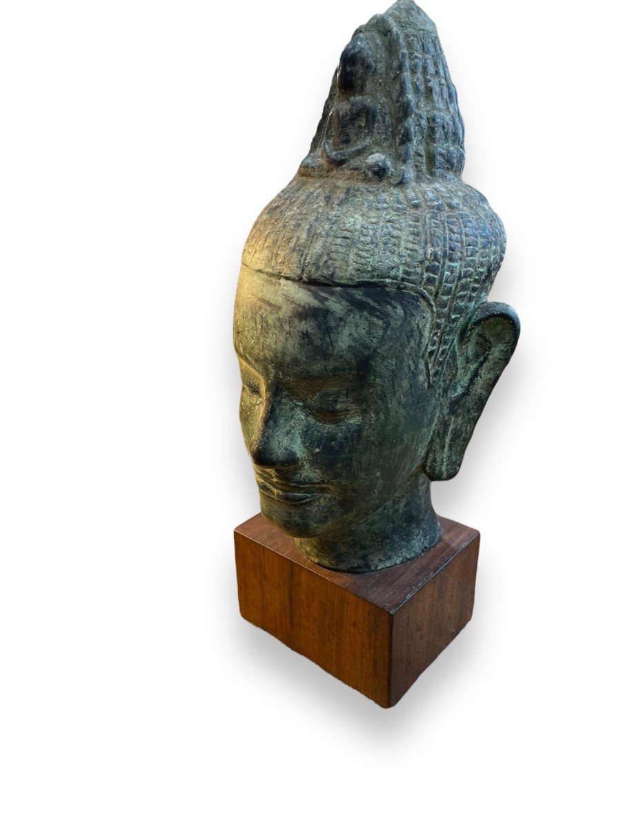 Cambodia Important 18th Century Buddha Head In Bronze-photo-3