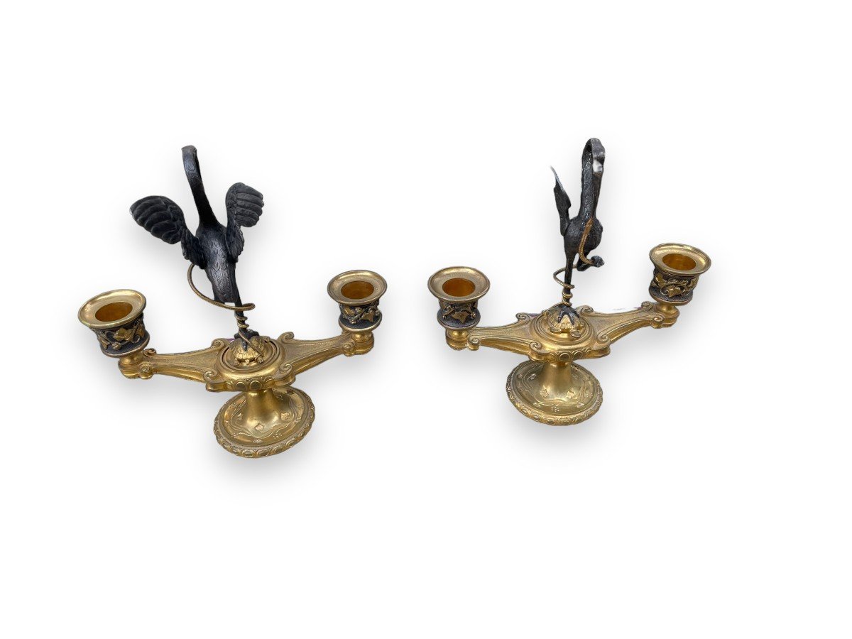 Maximilien Delafontaine Pair Of Bronze Heron Snake And Turtle Candelabra -photo-2