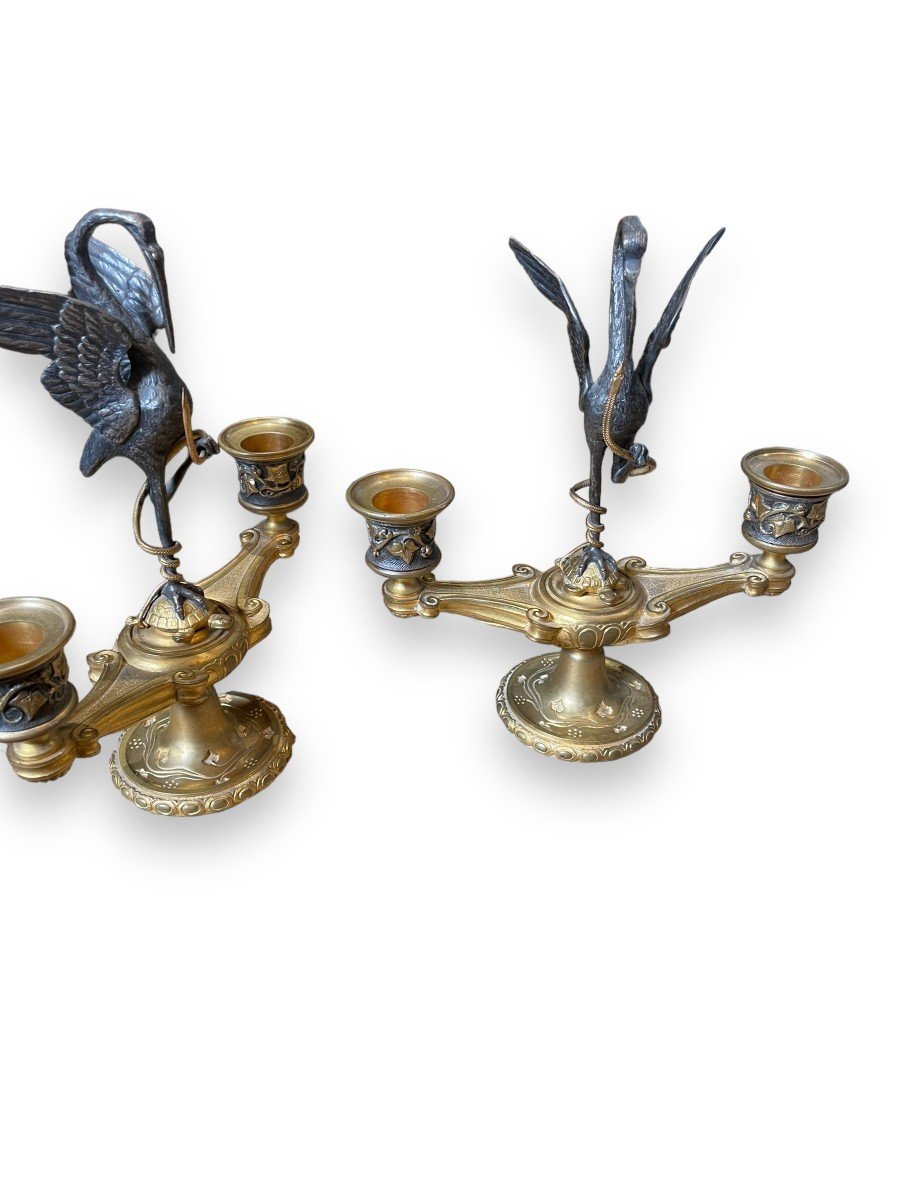 Maximilien Delafontaine Pair Of Bronze Heron Snake And Turtle Candelabra -photo-1