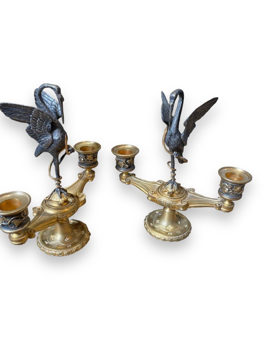 Maximilien Delafontaine Pair Of Bronze Heron Snake And Turtle Candelabra -photo-4