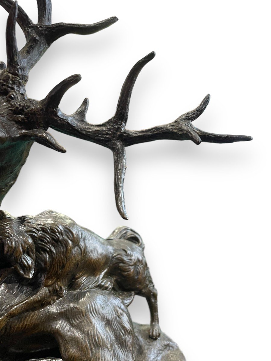 Venot Cyprien François (1808-1886) Cerf Attaqué Par Deux Chiens, Bronze-photo-3