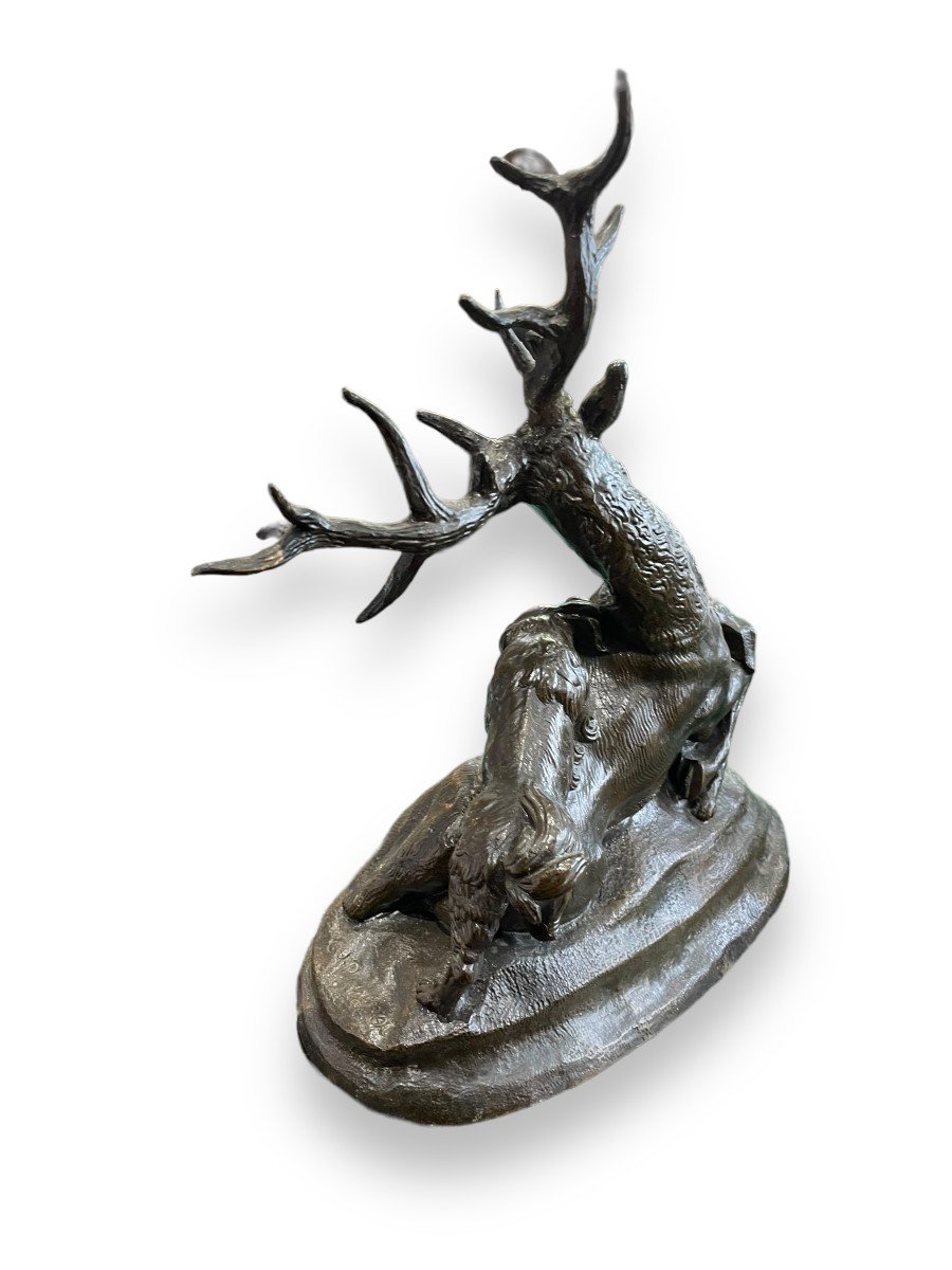 Venot Cyprien François (1808-1886) Cerf Attaqué Par Deux Chiens, Bronze-photo-5