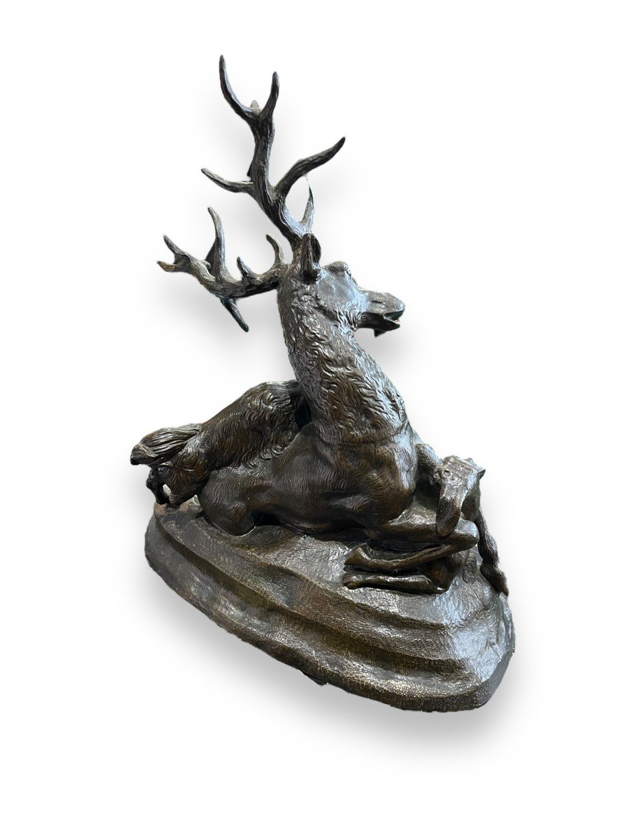 Venot Cyprien François (1808-1886) Cerf Attaqué Par Deux Chiens, Bronze-photo-7