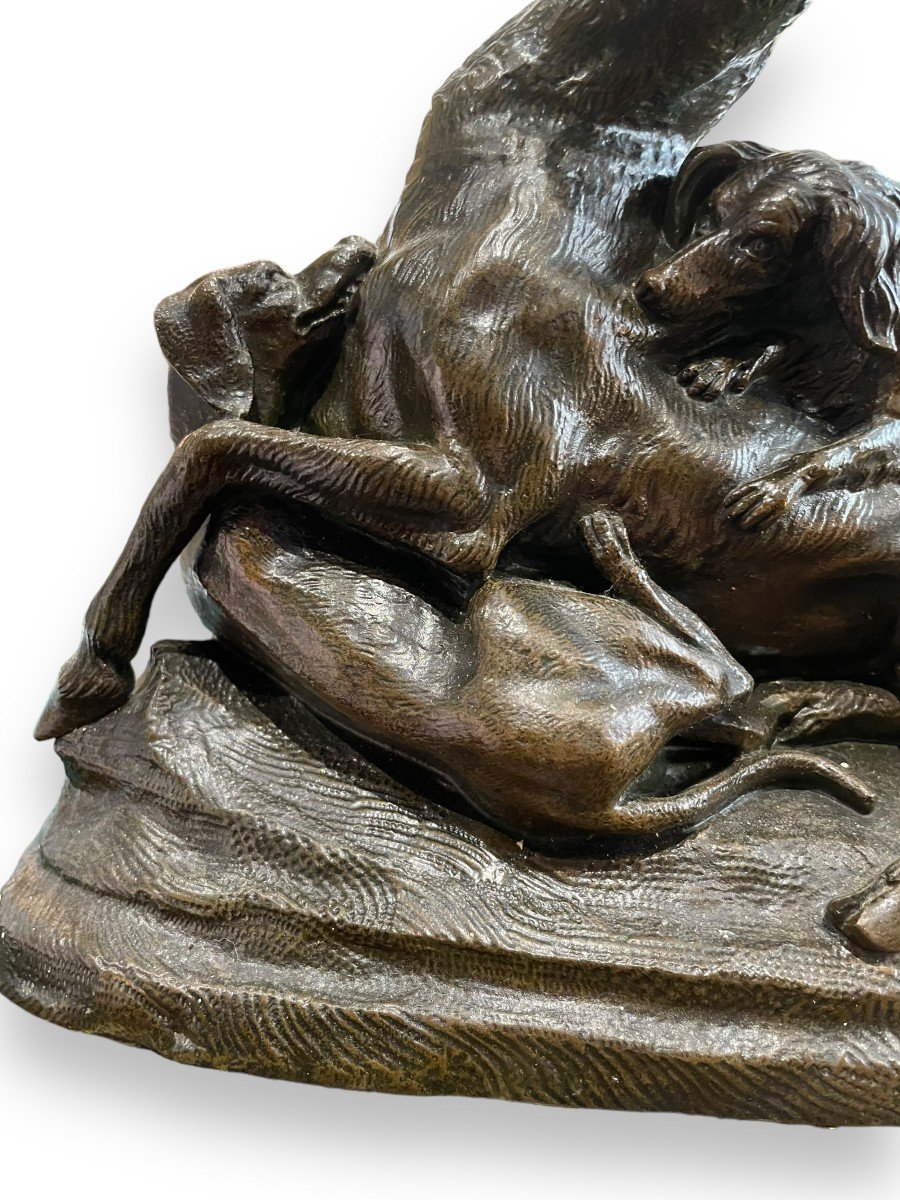 Venot Cyprien François (1808-1886) Cerf Attaqué Par Deux Chiens, Bronze-photo-8