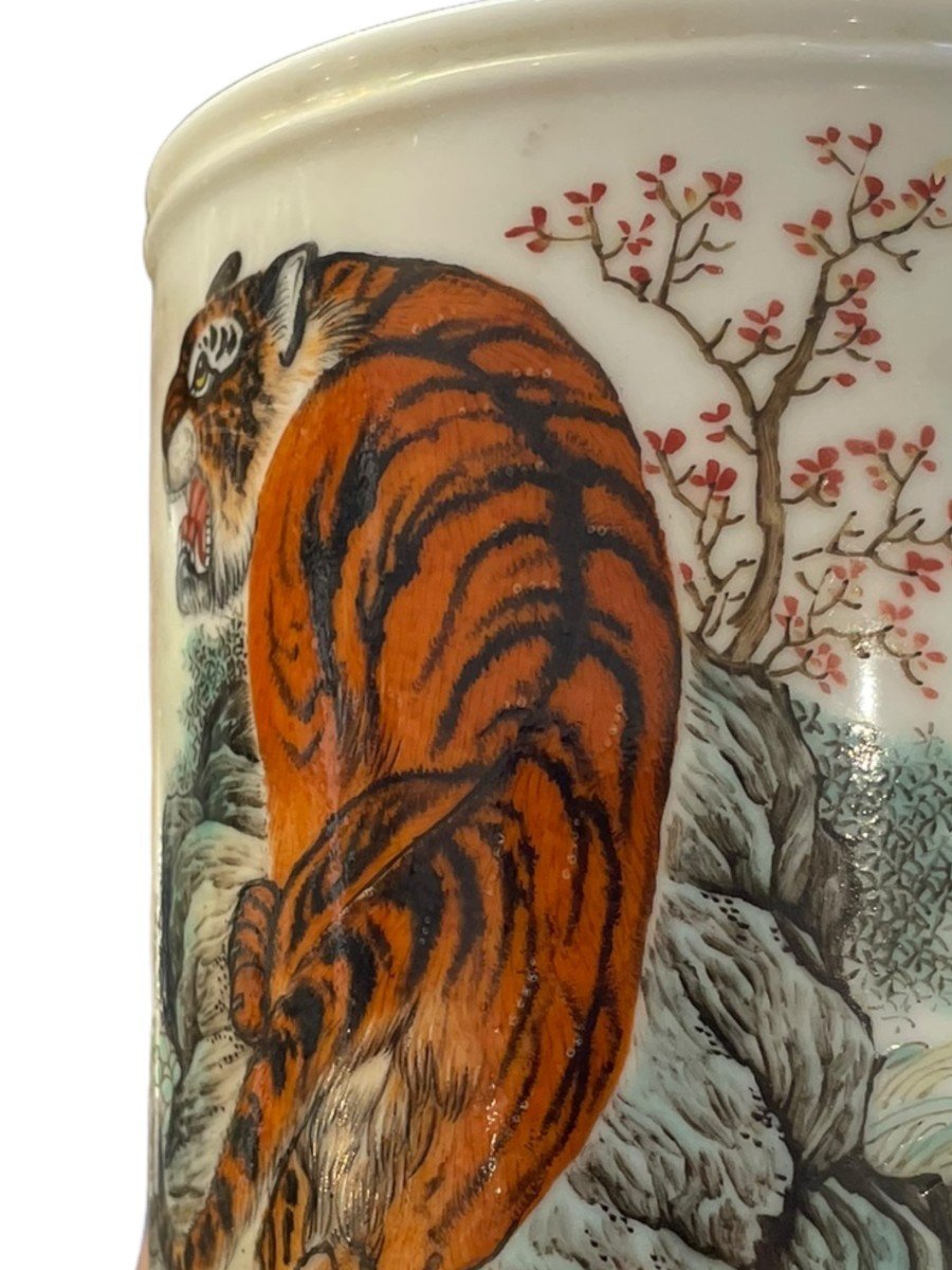 Pot à Pinceaux Chinois En Porcelaine motif Tigre-photo-3