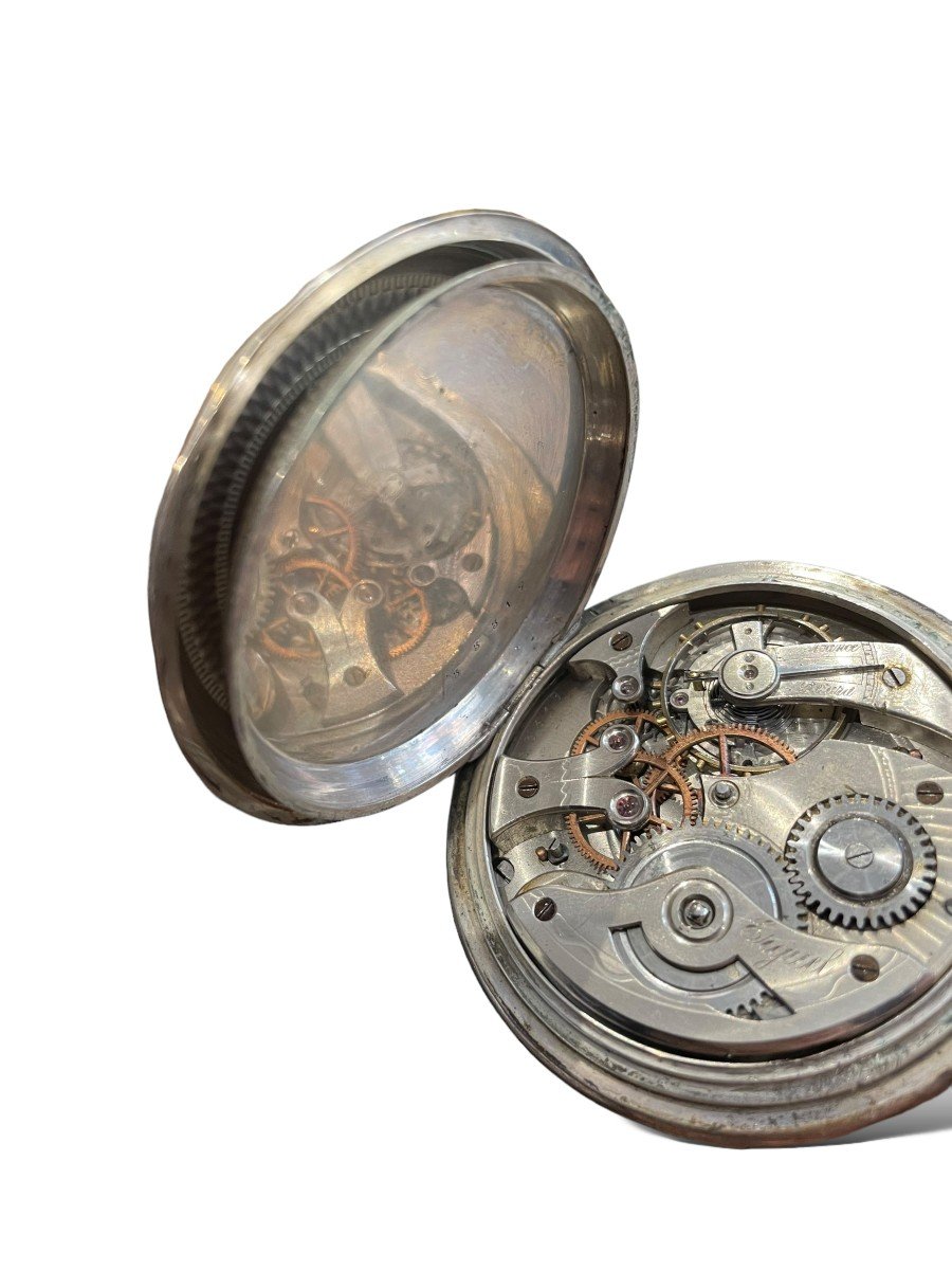 Gusset Or Regulator Pocket Watch In Sterling Silver-photo-2