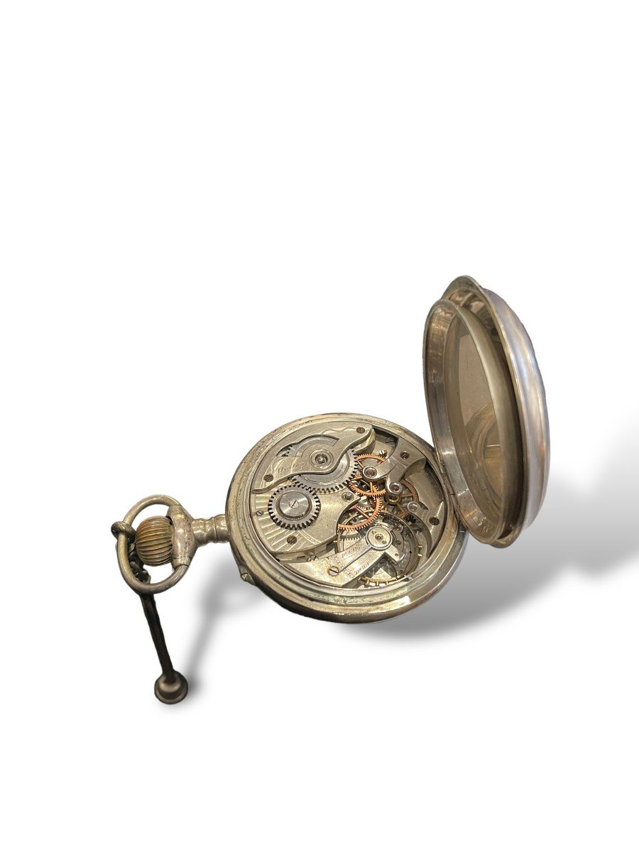 Gusset Or Regulator Pocket Watch In Sterling Silver-photo-4