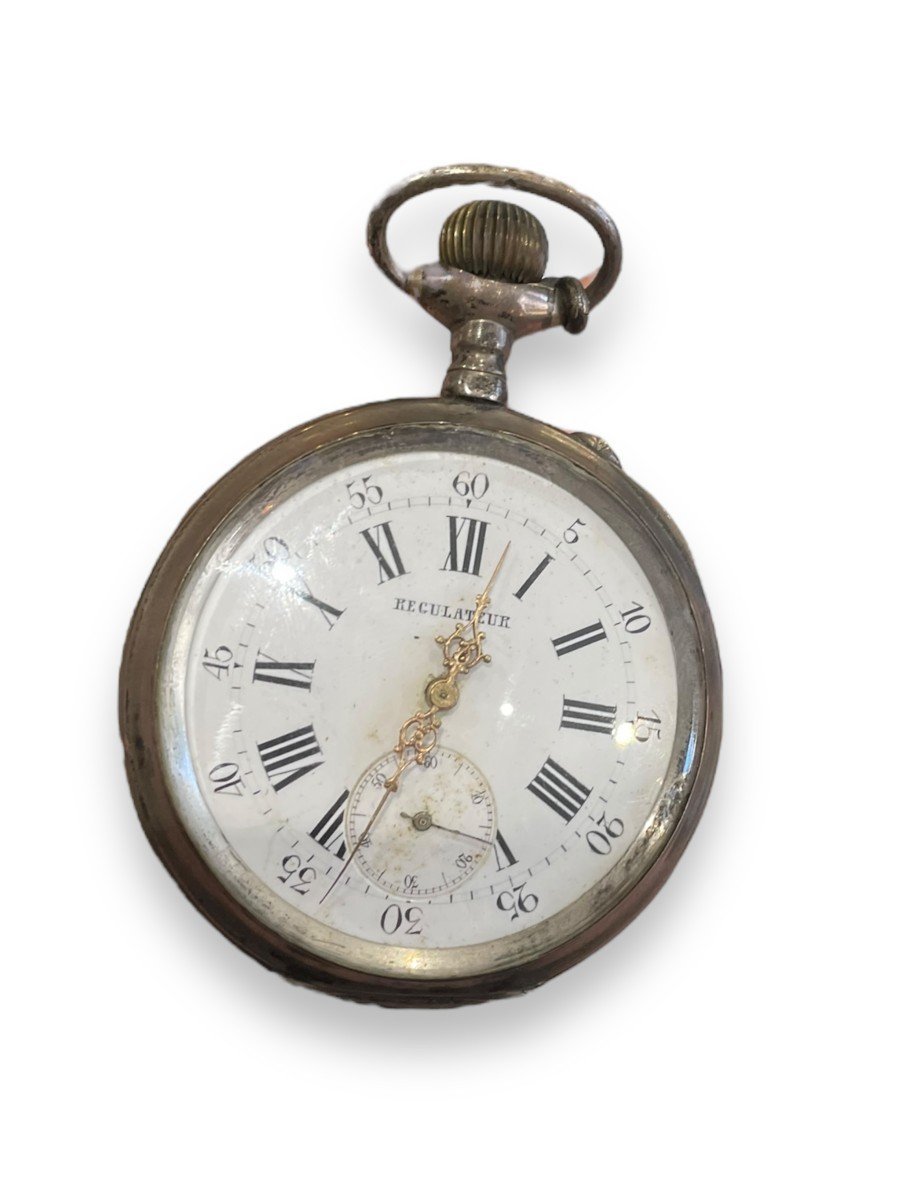 Gusset Or Regulator Pocket Watch In Sterling Silver-photo-8