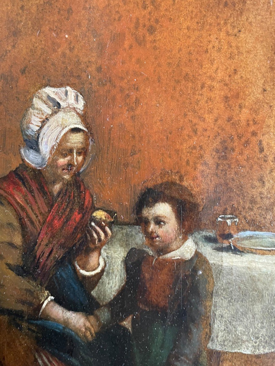 Oil On Leather 19th Century Interior Scene-photo-2