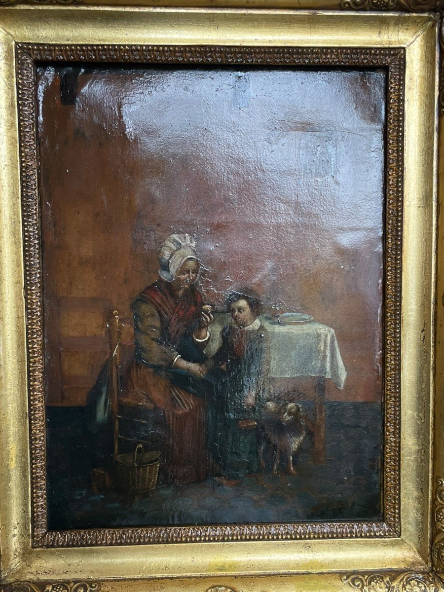 Oil On Leather 19th Century Interior Scene-photo-7