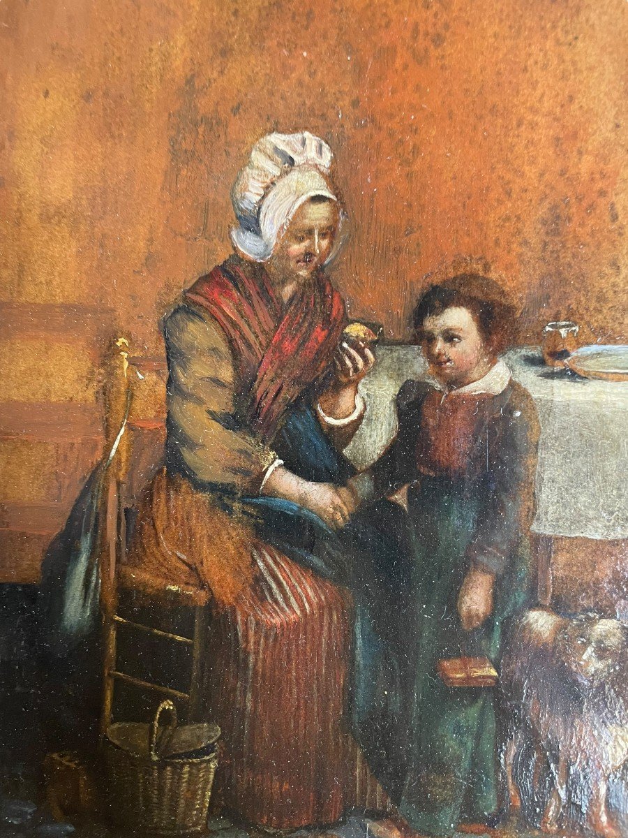 Oil On Leather 19th Century Interior Scene