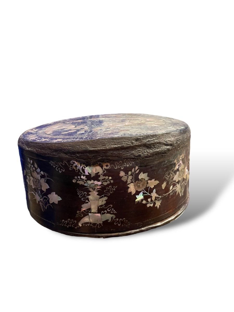 Indochina Vietnam Cylindrical Box In Rosewood And Mother-of-pearl-photo-2