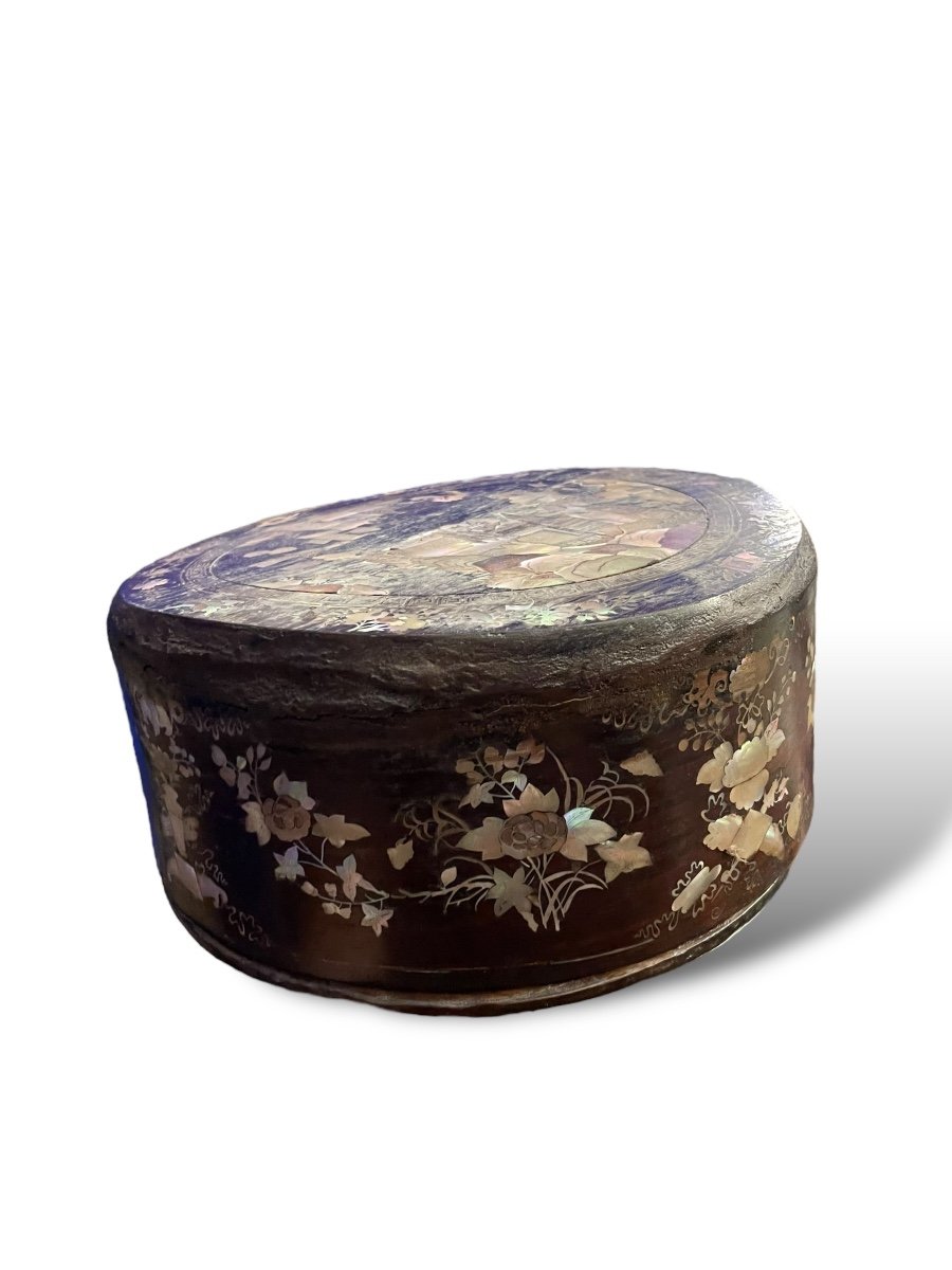 Indochina Vietnam Cylindrical Box In Rosewood And Mother-of-pearl-photo-2