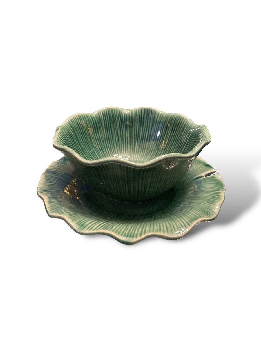 Bowl And Its Tray In Enamelled Ceramic With Plant Motif-photo-2