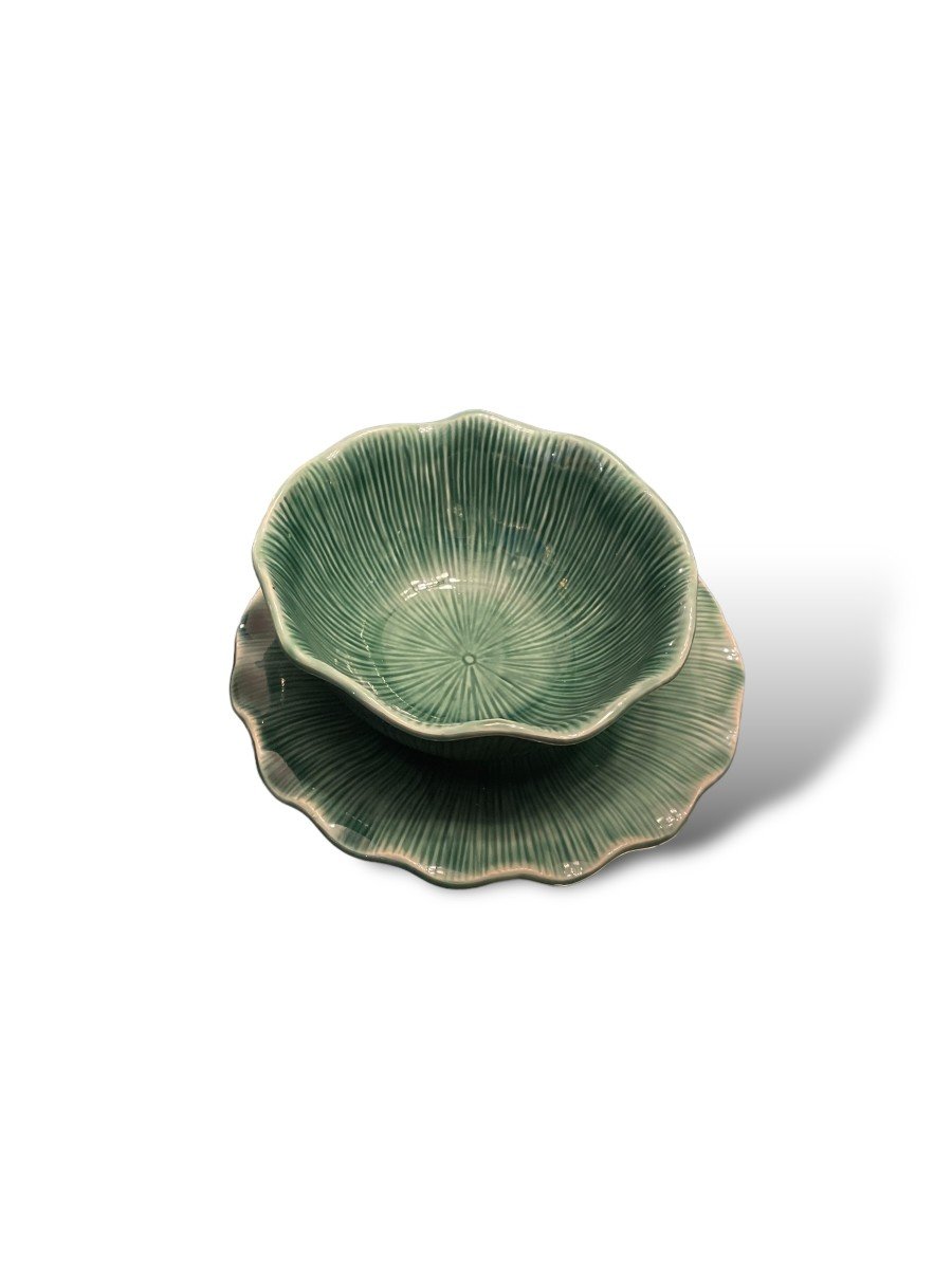 Bowl And Its Tray In Enamelled Ceramic With Plant Motif-photo-3