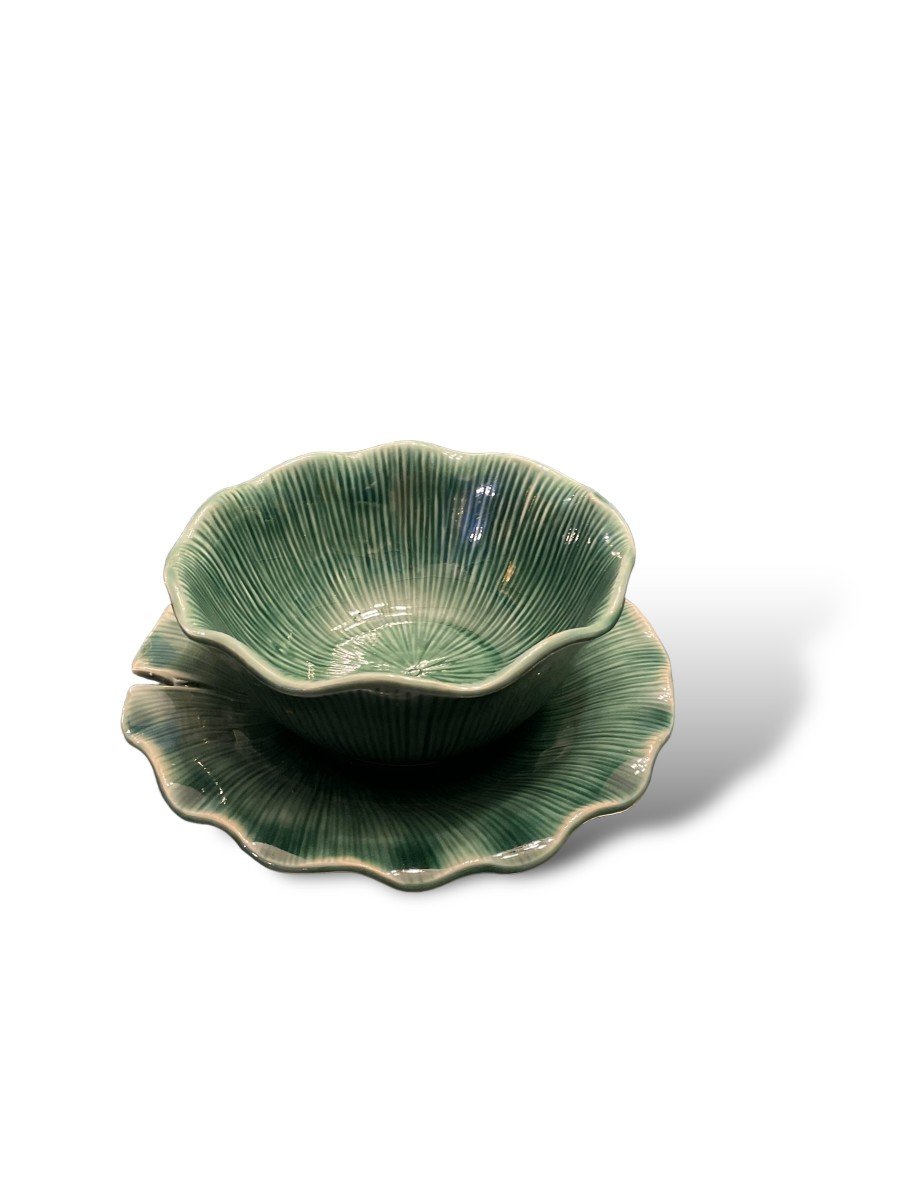 Bowl And Its Tray In Enamelled Ceramic With Plant Motif-photo-4