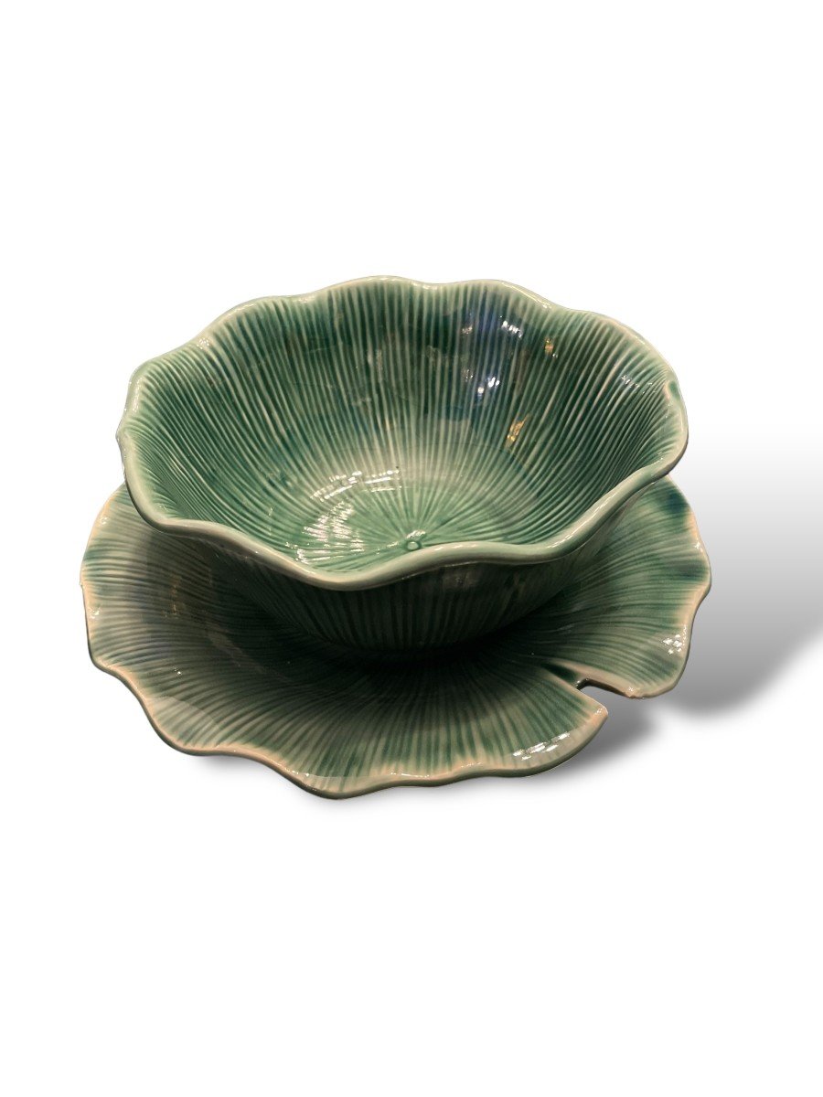 Bowl And Its Tray In Enamelled Ceramic With Plant Motif-photo-5