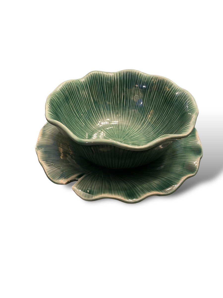 Bowl And Its Tray In Enamelled Ceramic With Plant Motif-photo-6