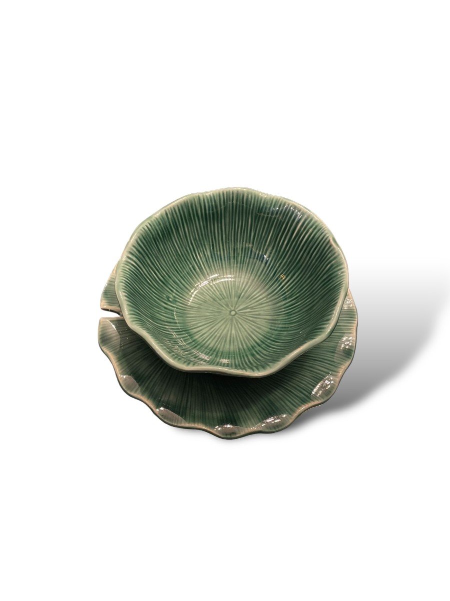 Bowl And Its Tray In Enamelled Ceramic With Plant Motif-photo-7