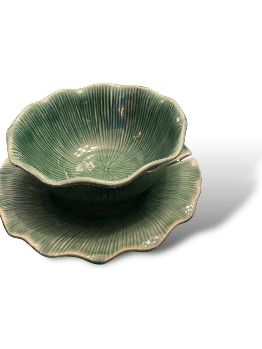 Bowl And Its Tray In Enamelled Ceramic With Plant Motif-photo-8