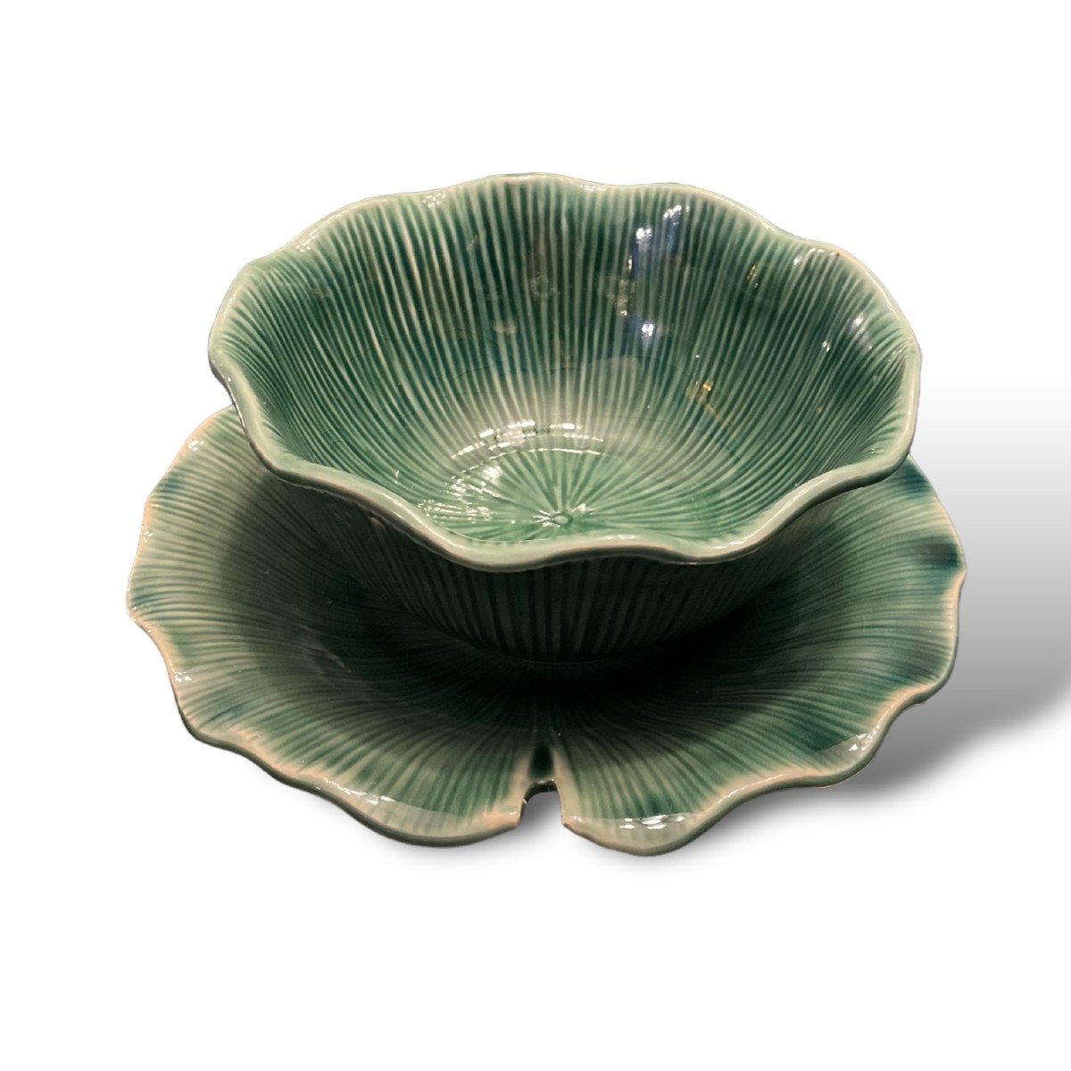 Bowl And Its Tray In Enamelled Ceramic With Plant Motif