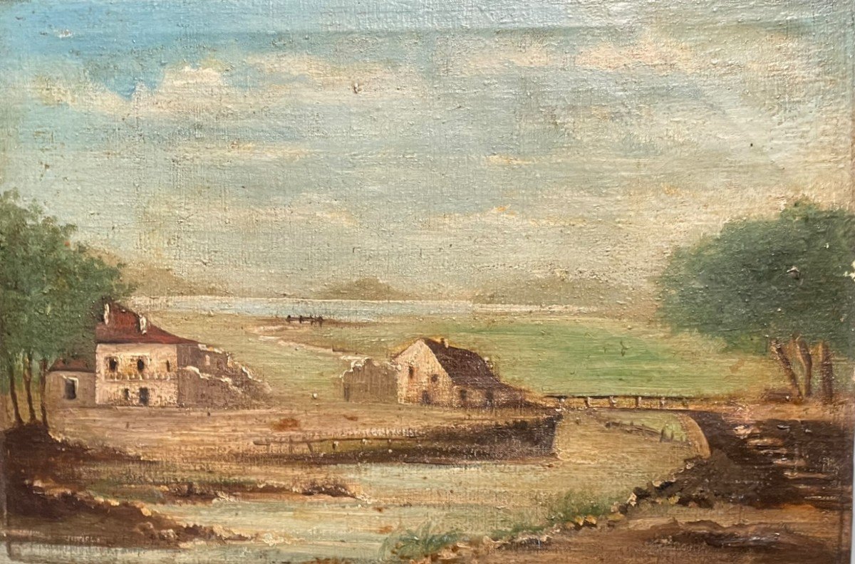 Maisons Et Paysage De Bord De Rivière école XIXeme Ecole De Barbizon