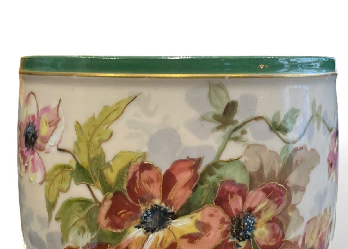 Limoges Polychrome Porcelain Planter And Base-photo-6