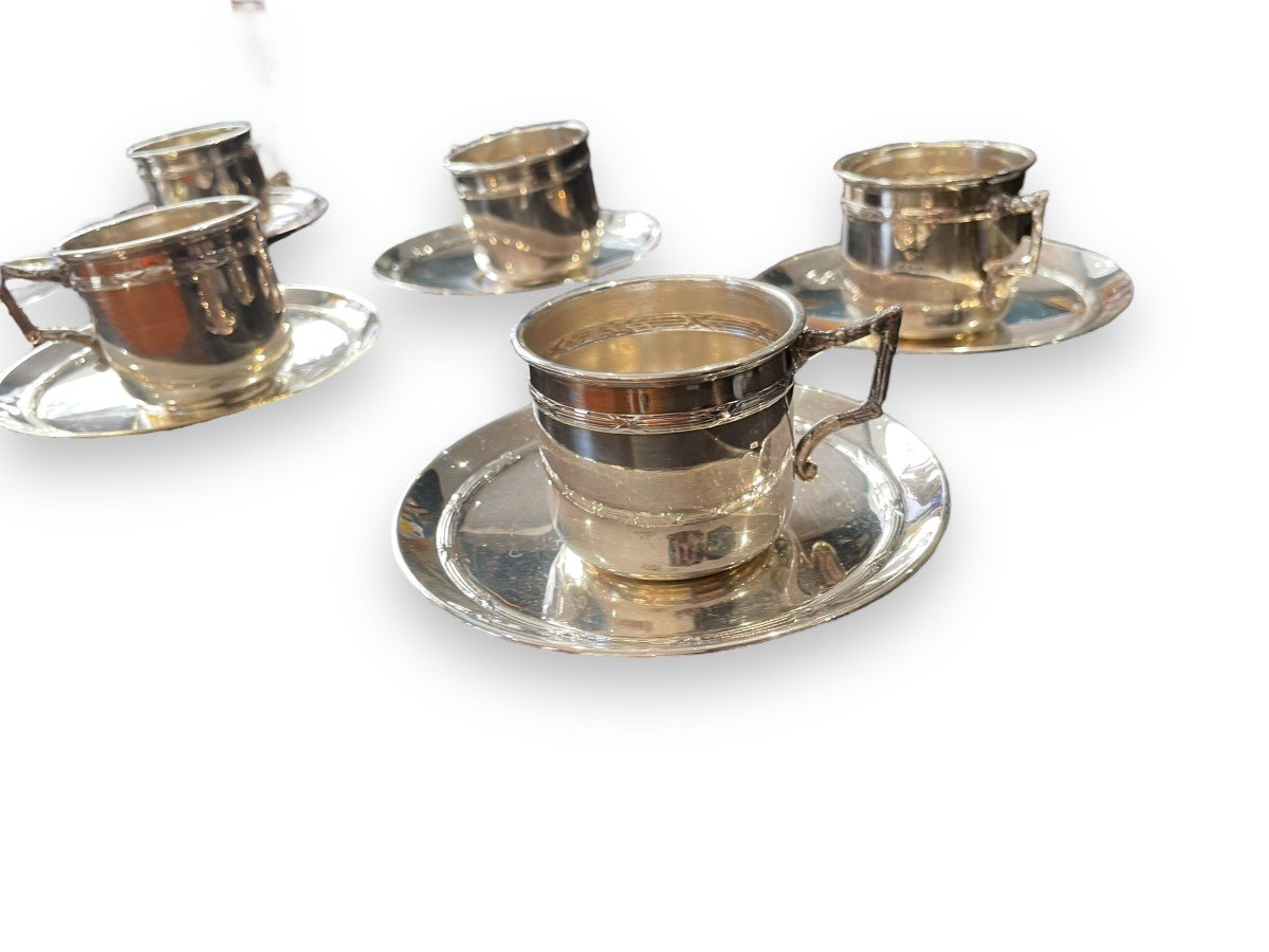 Set Of 6 Sterling Silver Cups & Saucers -photo-1