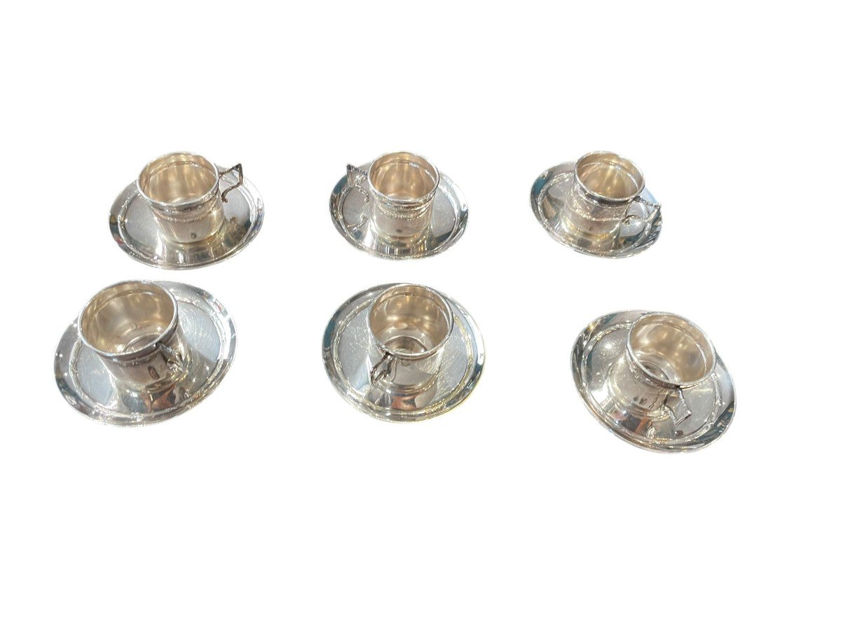 Set Of 6 Sterling Silver Cups & Saucers 