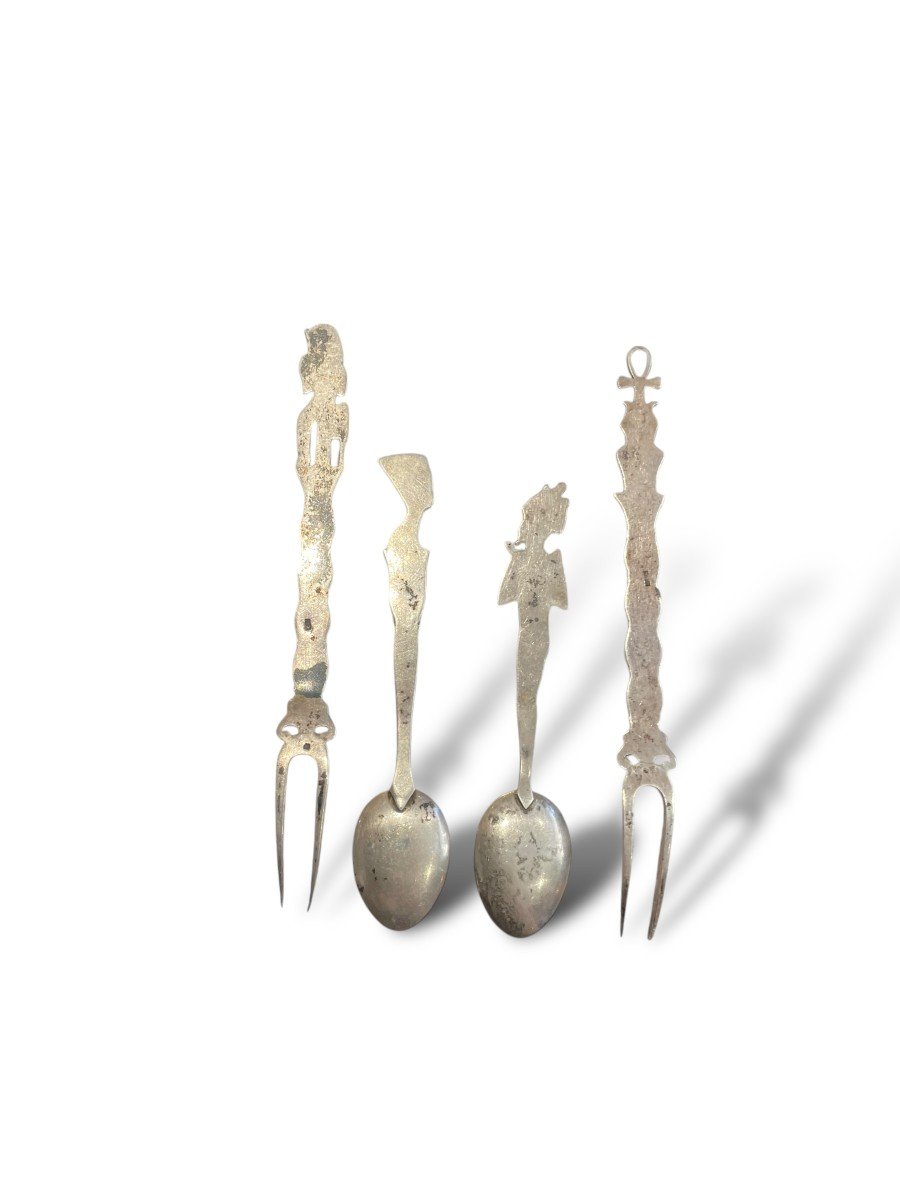 Pair Of Egyptian Style Silver Cutlery-photo-2